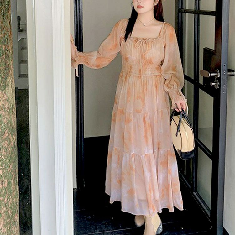 大きいサイズ レディース タイダイ柄スクエアネックティアードワンピース　goldy-1677