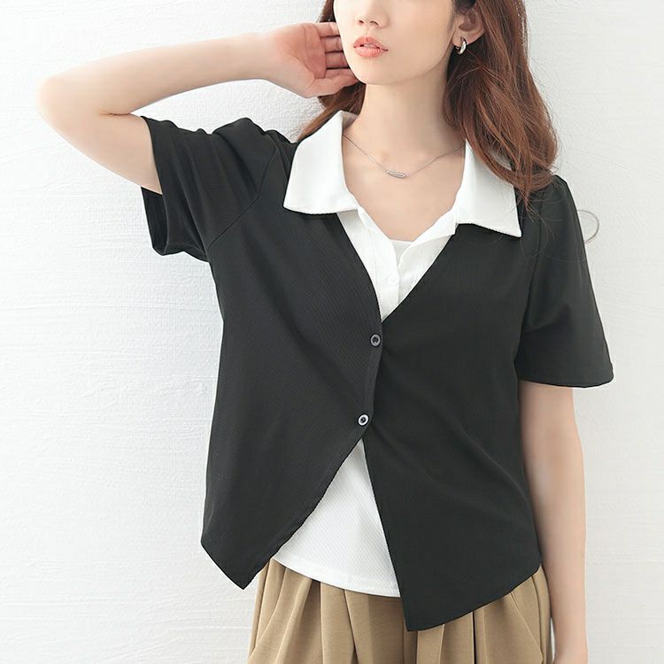 大きいサイズ レディース カーディガンレイヤード風リブカットソー　goldy-1673【メール便可】