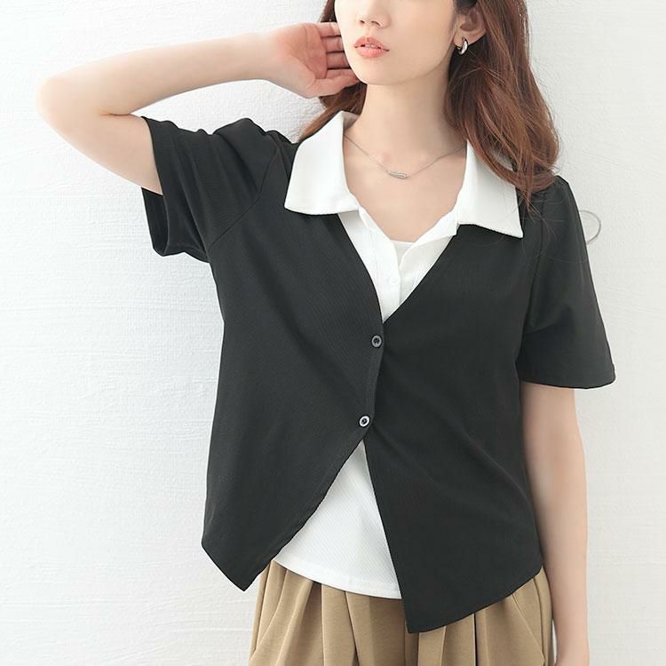 大きいサイズ レディース カーディガンレイヤード風リブカットソー　goldy-1673【メール便可】 ブラック