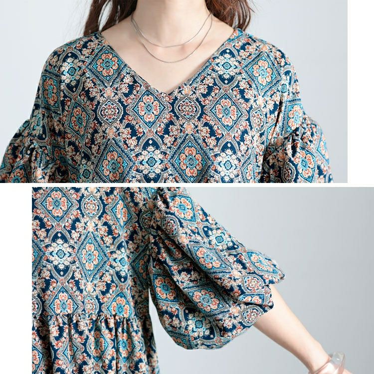 大きいサイズ レディース バルーン袖オリエンタル柄ロングワンピース　goldy-1681