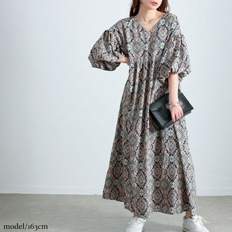 大きいサイズ レディース バルーン袖オリエンタル柄ロングワンピース　goldy-1681