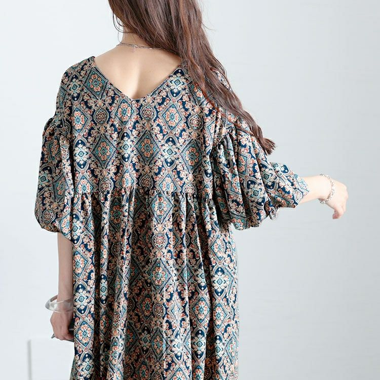 大きいサイズ レディース バルーン袖オリエンタル柄ロングワンピース　goldy-1681