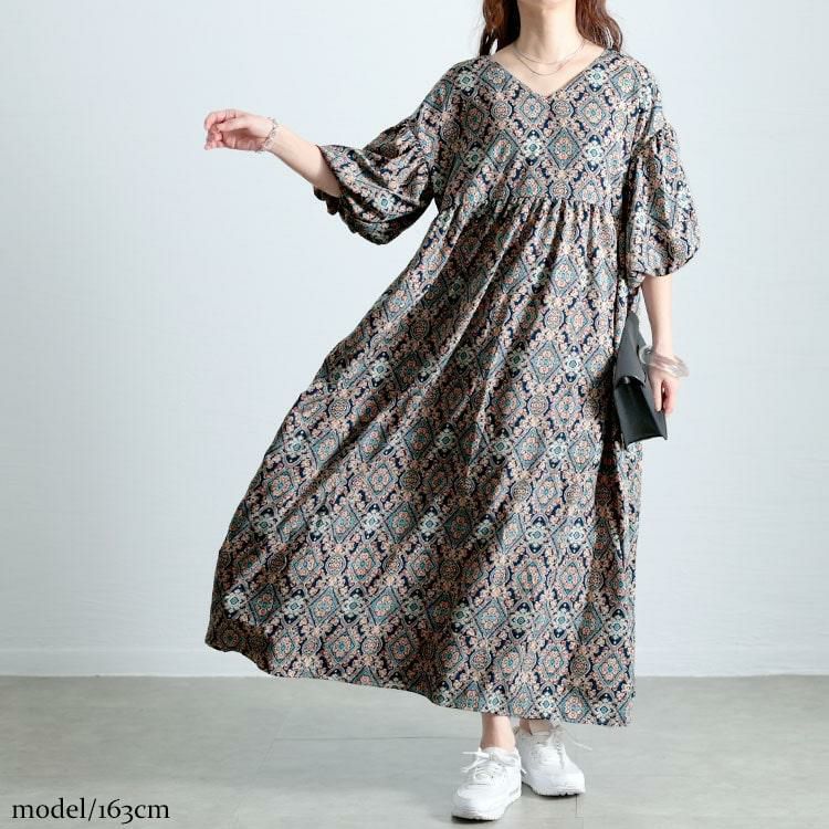 大きいサイズ レディース バルーン袖オリエンタル柄ロングワンピース　goldy-1681 ブルー