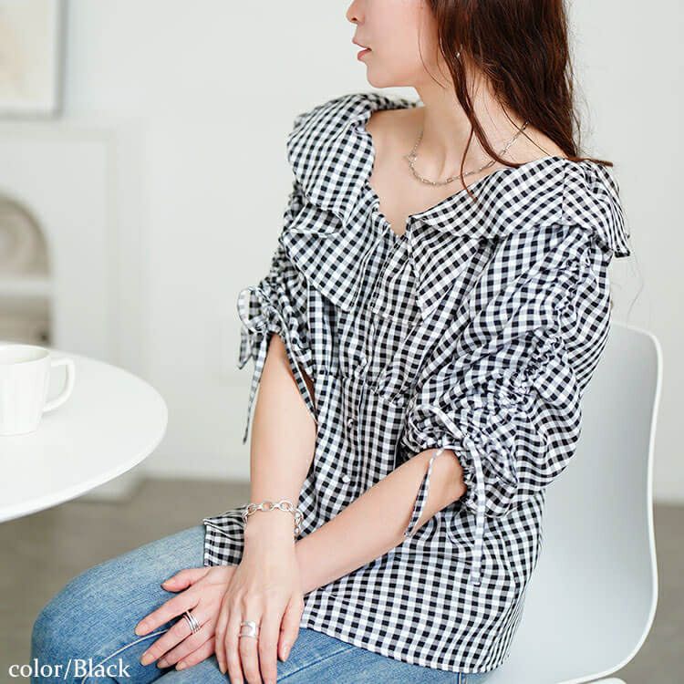 大きいサイズ レディース ギンガムチェックフリルカラーブラウス　tana-351042