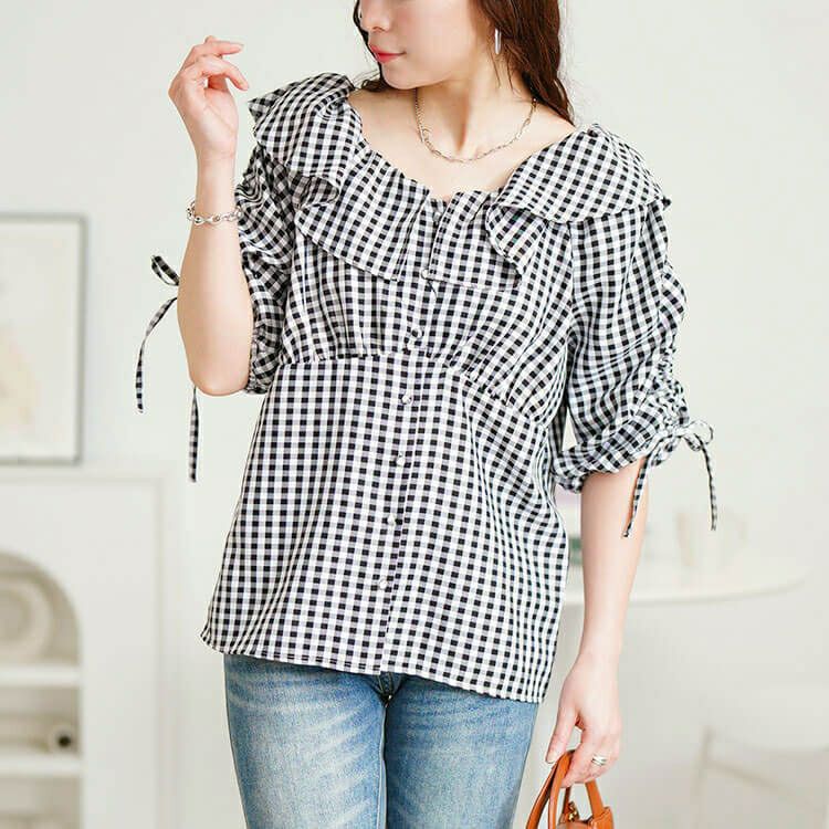 大きいサイズ レディース ギンガムチェックフリルカラーブラウス　tana-351042