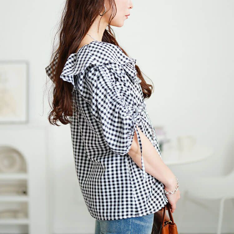 大きいサイズ レディース ギンガムチェックフリルカラーブラウス　tana-351042