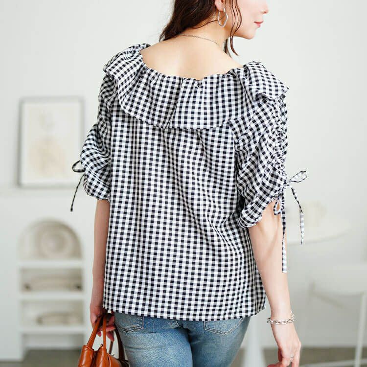 大きいサイズ レディース ギンガムチェックフリルカラーブラウス　tana-351042