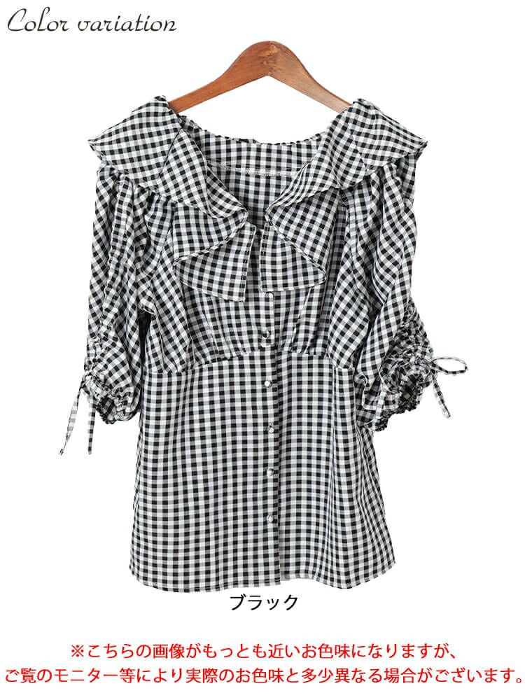 大きいサイズ レディース ギンガムチェックフリルカラーブラウス　tana-351042