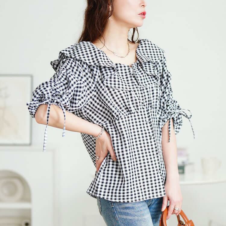 大きいサイズ レディース ギンガムチェックフリルカラーブラウス　tana-351042 ブラック