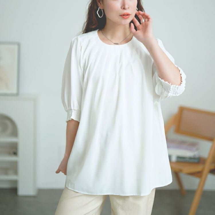 大きいサイズ レディース 胸元タックパフスリーブブラウス　tana-351040 【メール便可】
