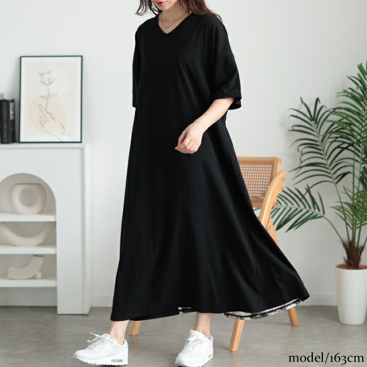 大きいサイズ レディース 接触冷感後ろ花柄切り替えワンピース　kt-7825640