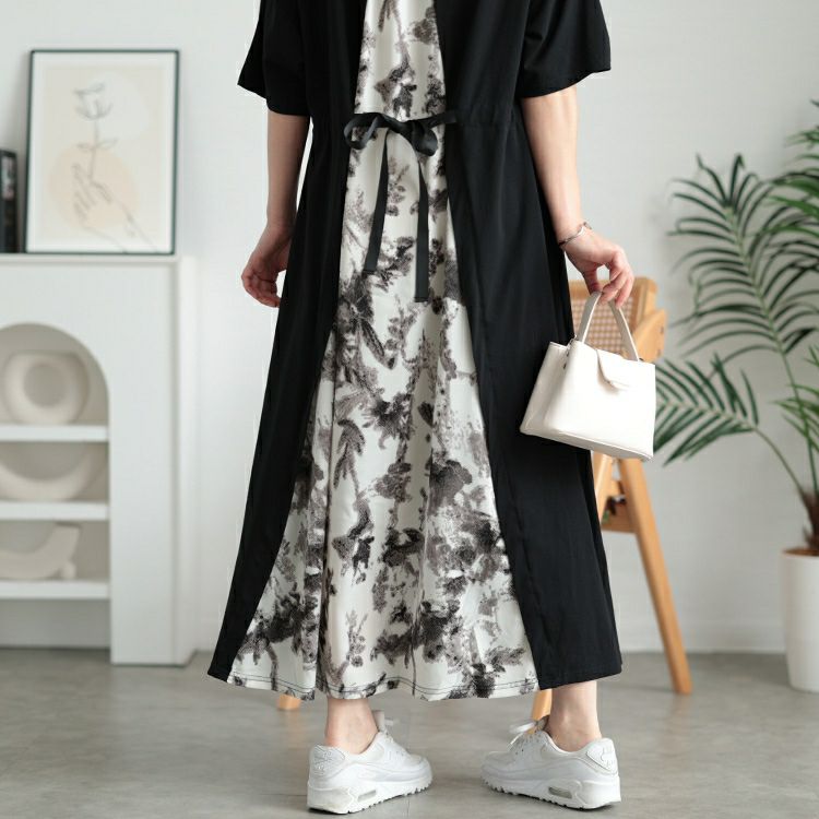 大きいサイズ レディース 接触冷感後ろ花柄切り替えワンピース　kt-7825640