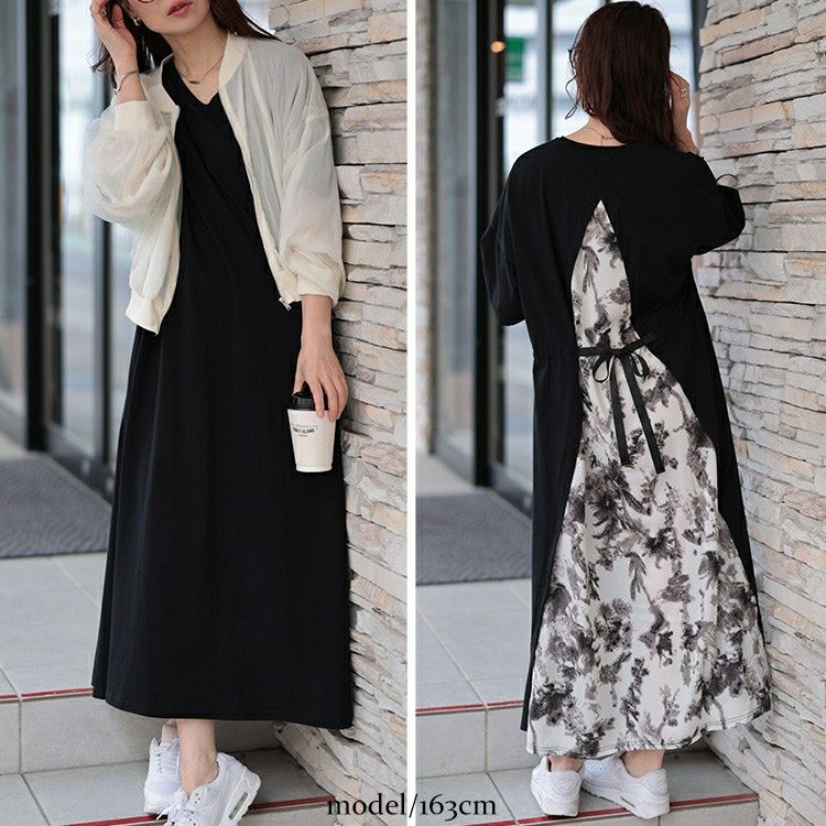 大きいサイズ レディース 接触冷感後ろ花柄切り替えワンピース　kt-7825640