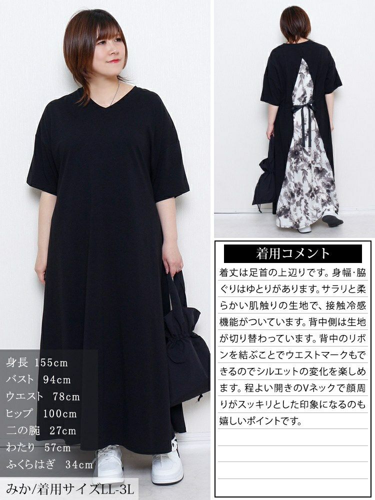 大きいサイズ レディース 接触冷感後ろ花柄切り替えワンピース　kt-7825640