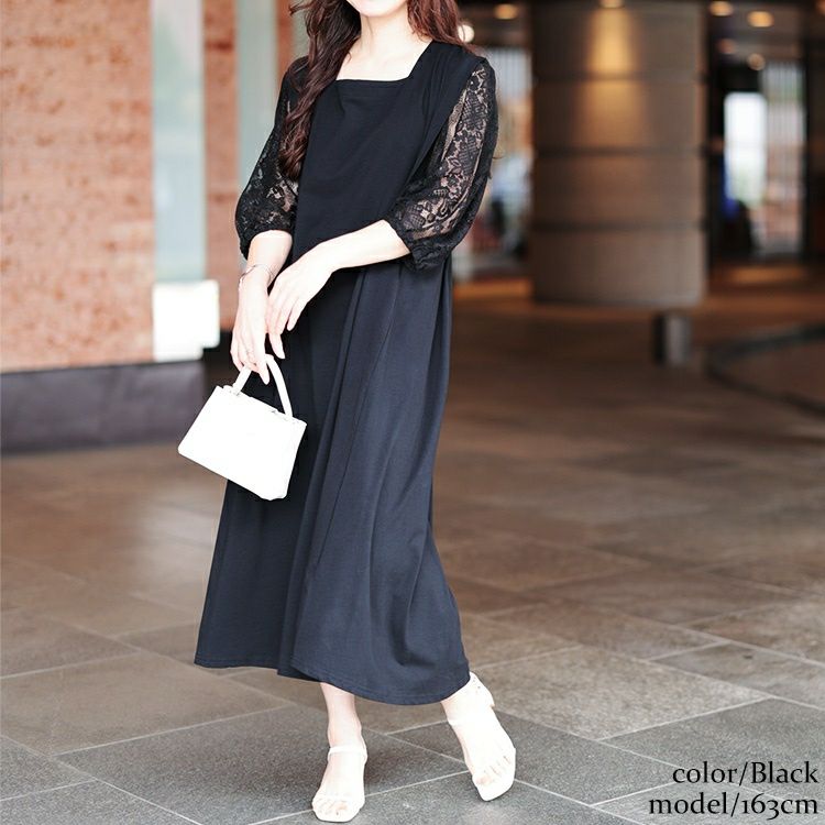 大きいサイズ レディース 接触冷感レース袖切り替えワンピース kt