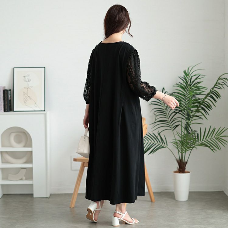 大きいサイズ レディース 接触冷感レース袖切り替えワンピース　kt-7825620