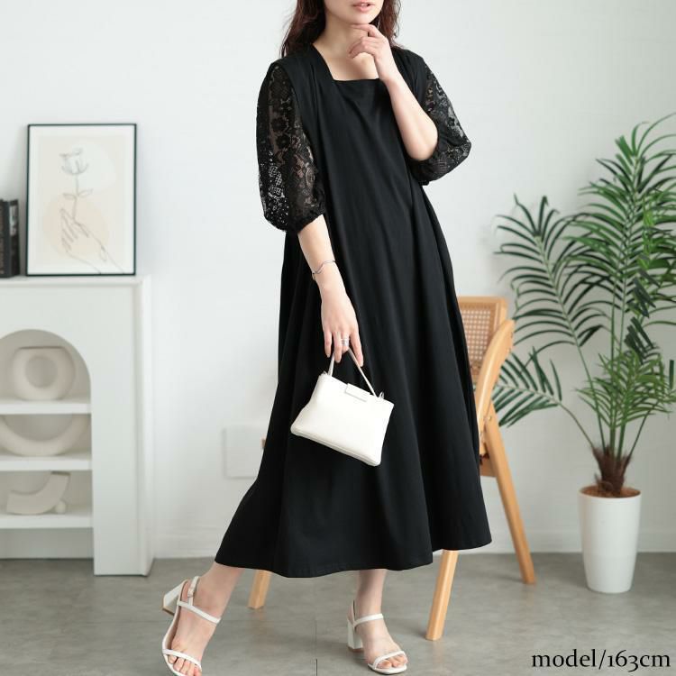 大きいサイズ レディース 接触冷感レース袖切り替えワンピース　kt-7825620 ブラック