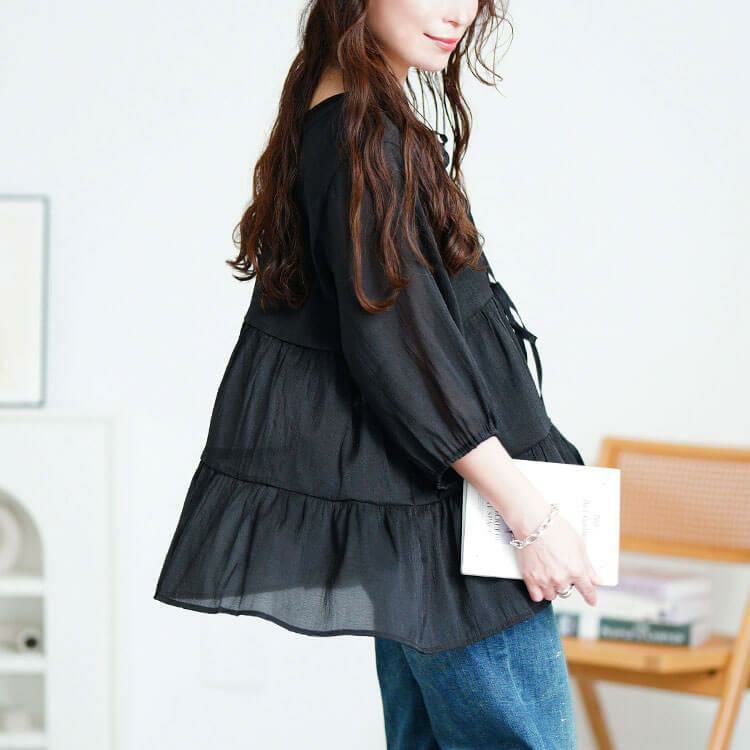 大きいサイズ レディース 前後2wayリボンティアードチュニック　fem-577【メール便可】 ブラック