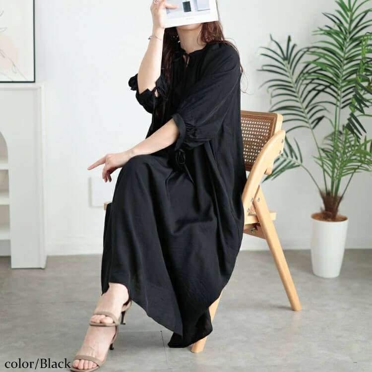 大きいサイズ レディース リボンキーネックギャザーワンピース　fem-573【メール便可】