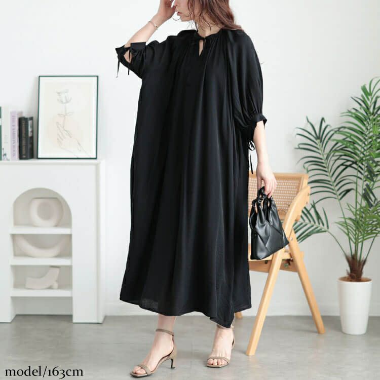 大きいサイズ レディース リボンキーネックギャザーワンピース　fem-573【メール便可】