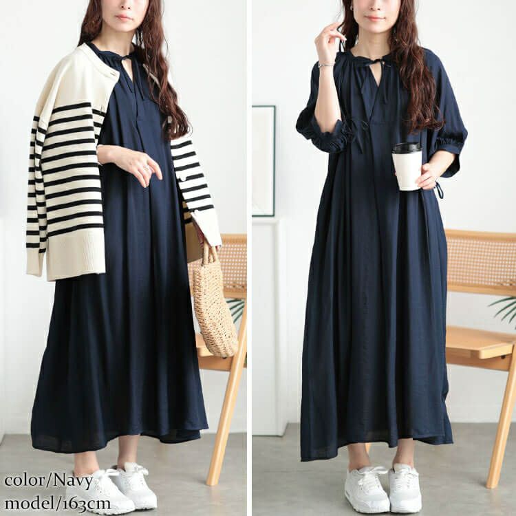 大きいサイズ レディース リボンキーネックギャザーワンピース　fem-573【メール便可】