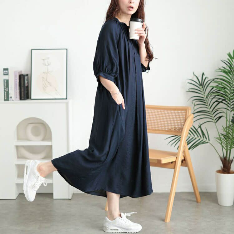 大きいサイズ レディース リボンキーネックギャザーワンピース　fem-573【メール便可】