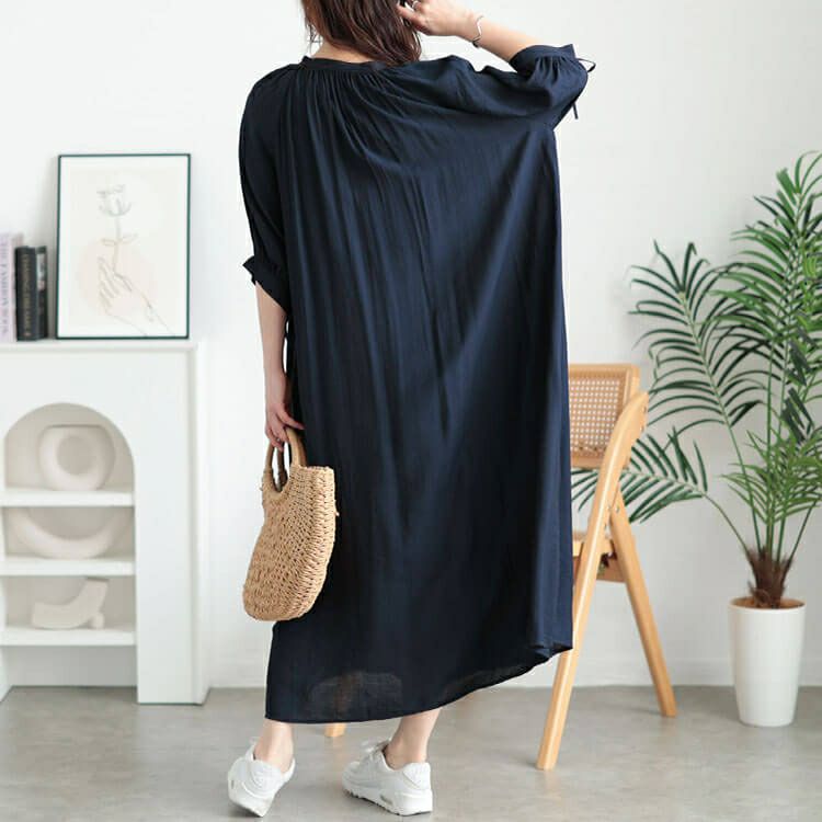 大きいサイズ レディース リボンキーネックギャザーワンピース　fem-573【メール便可】