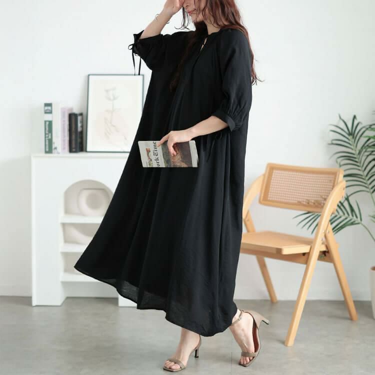 大きいサイズ レディース リボンキーネックギャザーワンピース　fem-573【メール便可】 ブラック