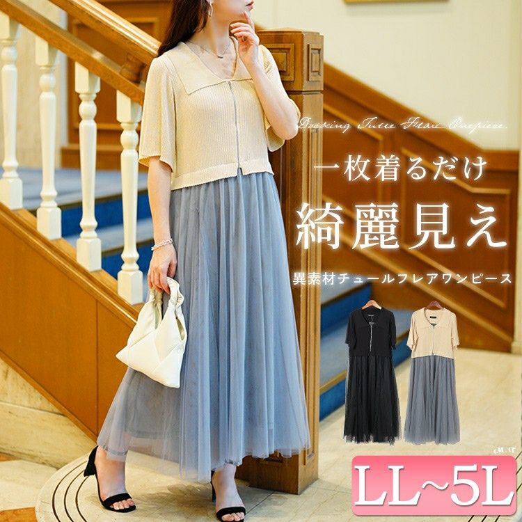 大きいサイズ レディース リブニットドッキングチュールワンピース　sum-0001