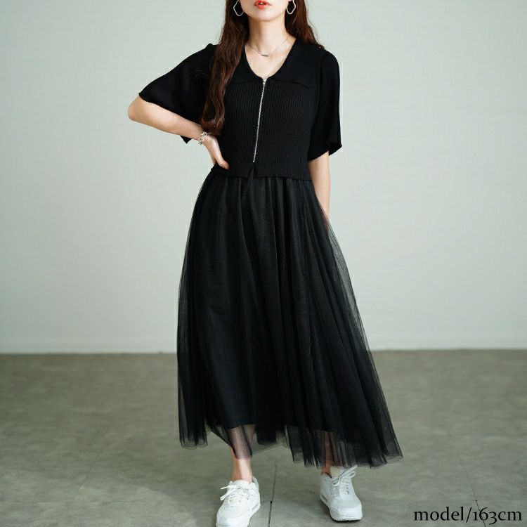 大きいサイズ レディース リブニットドッキングチュールワンピース　sum-0001