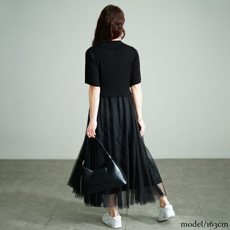 大きいサイズ レディース リブニットドッキングチュールワンピース　sum-0001