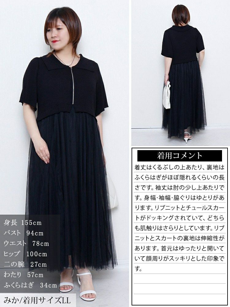 大きいサイズ レディース リブニットドッキングチュールワンピース　sum-0001