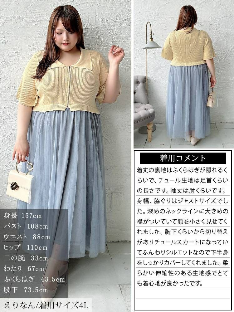 大きいサイズ レディース リブニットドッキングチュールワンピース　sum-0001