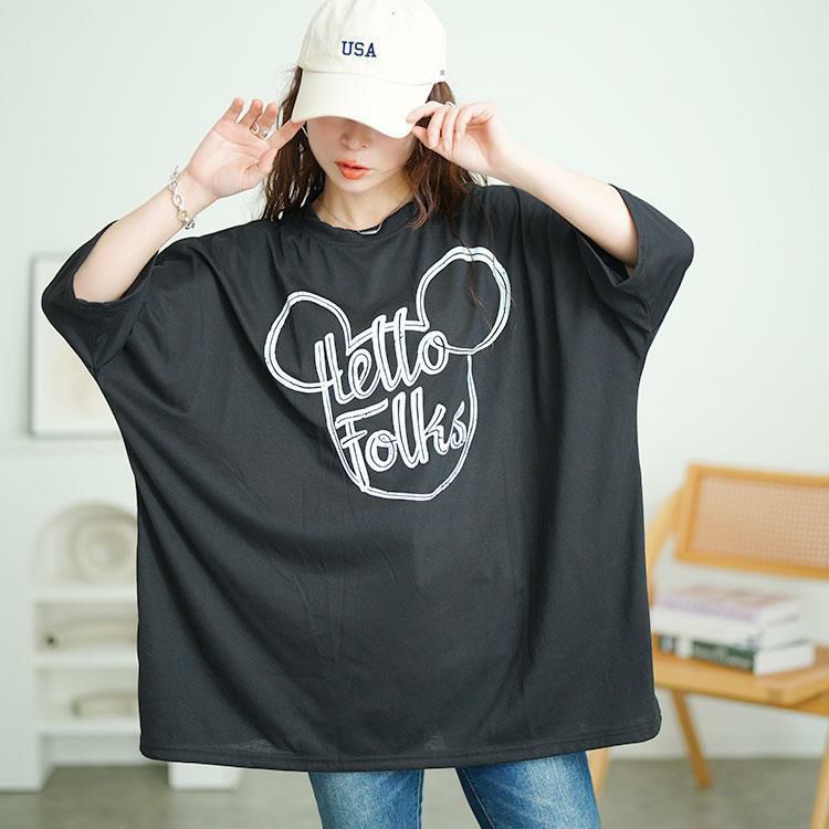 大きいサイズ レディース ビッグプリントオーバーサイズTシャツ　goldy-1685【メール便可】 ブラック
