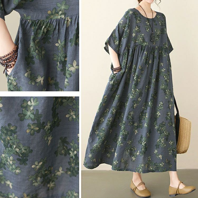 大きいサイズ レディース 花柄ギャザーフレアワンピース　goldy-1683【メール便可】