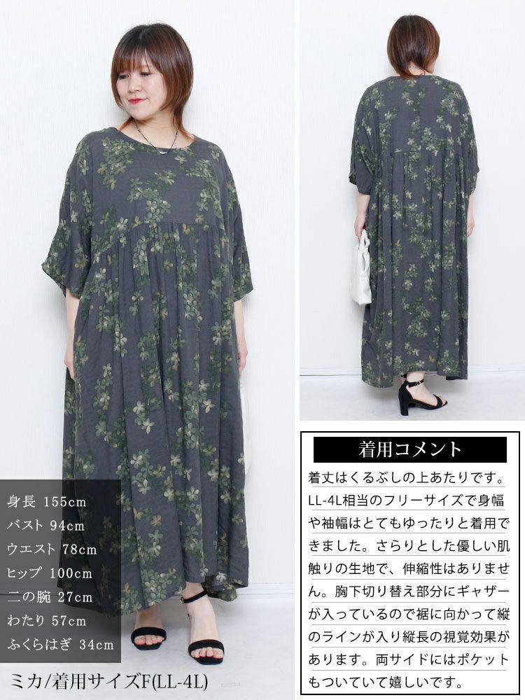大きいサイズ レディース 花柄ギャザーフレアワンピース　goldy-1683【メール便可】