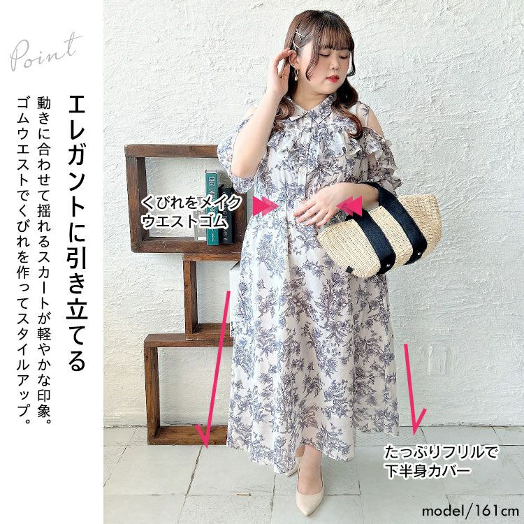 大きいサイズ レディース 花柄フリルオープンショルダーワンピース　tani-15595ll【メール便可】