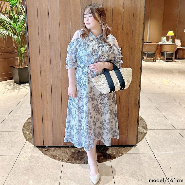 大きいサイズ レディース 花柄フリルオープンショルダーワンピース　tani-15595ll【メール便可】