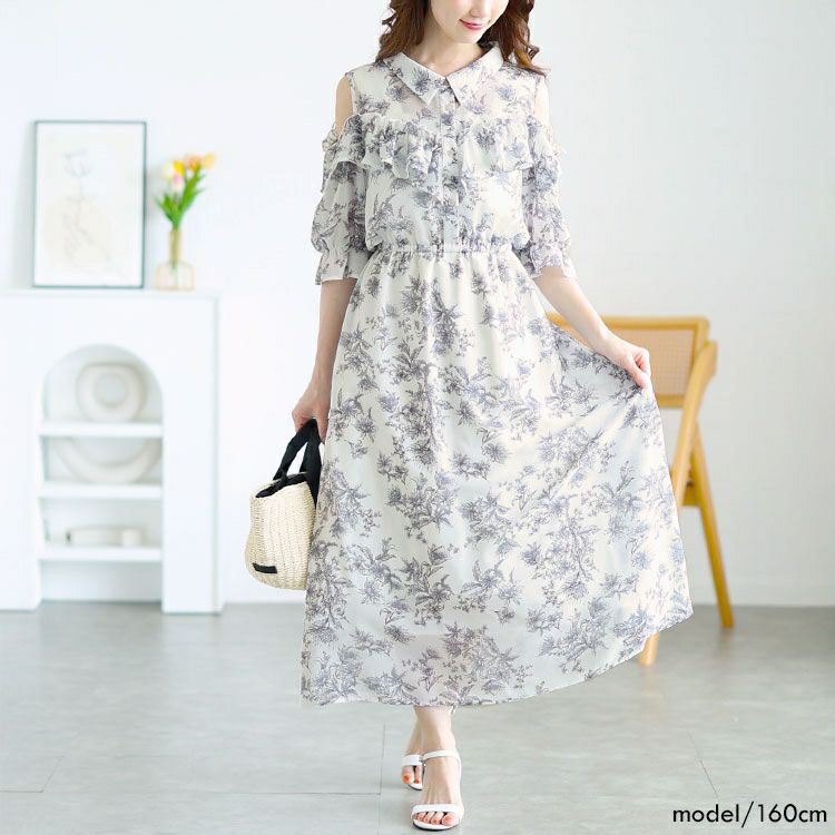 大きいサイズ レディース 花柄フリルオープンショルダーワンピース　tani-15595ll【メール便可】