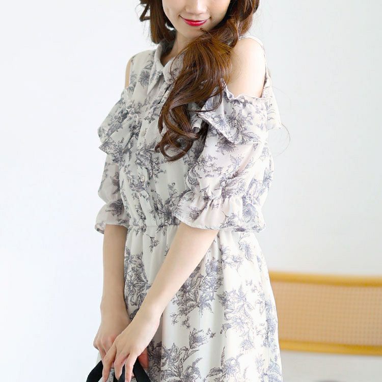 大きいサイズ レディース 花柄フリルオープンショルダーワンピース　tani-15595ll【メール便可】