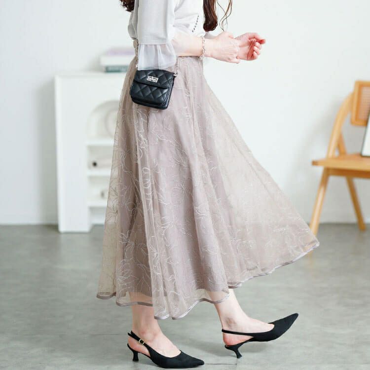 大きいサイズ レディース 花柄ラメ刺繍チュールレイヤードスカート　jp536【メール便可】