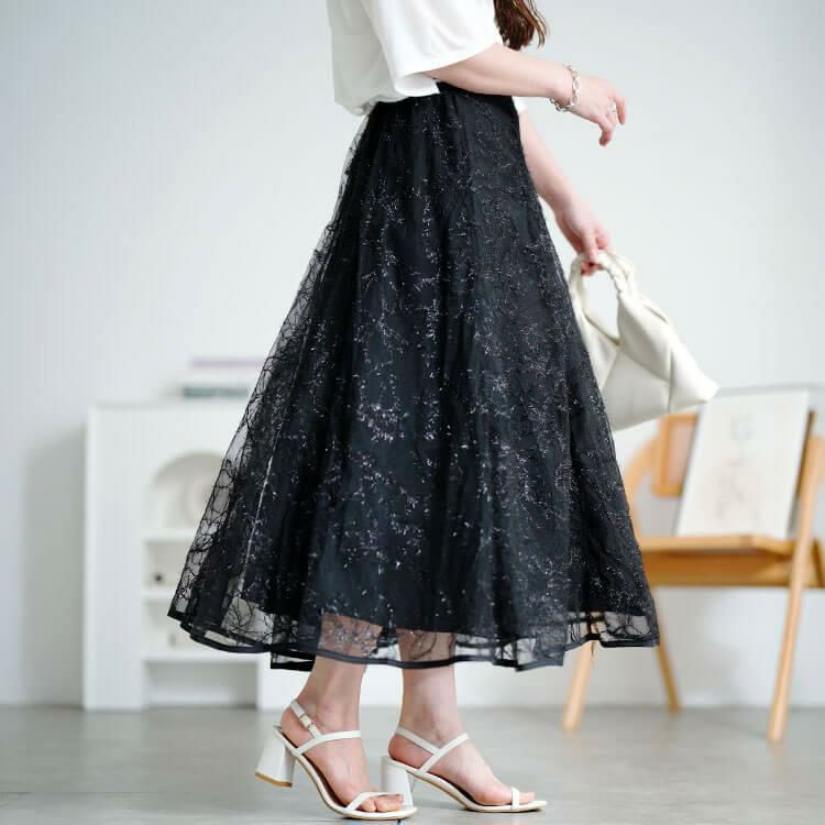 大きいサイズ レディース 花柄ラメ刺繍チュールレイヤードスカート
