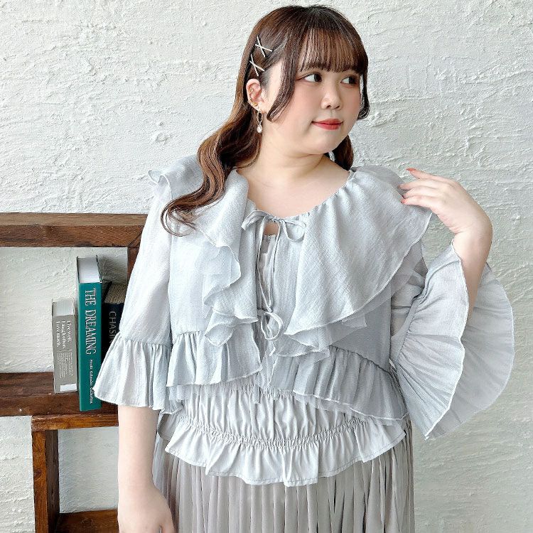 大きいサイズ レディース シャーリングキャミ＆リボンフリルカーディガン2点セット　tana-351041