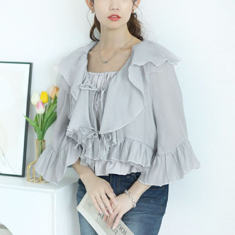 大きいサイズ レディース シャーリングキャミ＆リボンフリルカーディガン2点セット　tana-351041