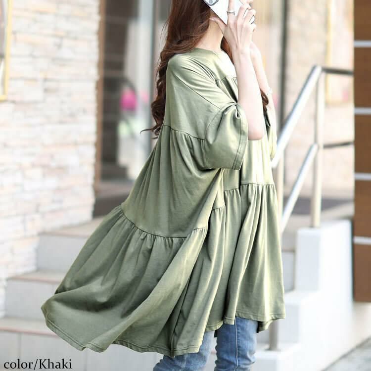 大きいサイズ レディース ビックティアードチュニックTシャツ　maruka-7158【メール便可】 カーキ