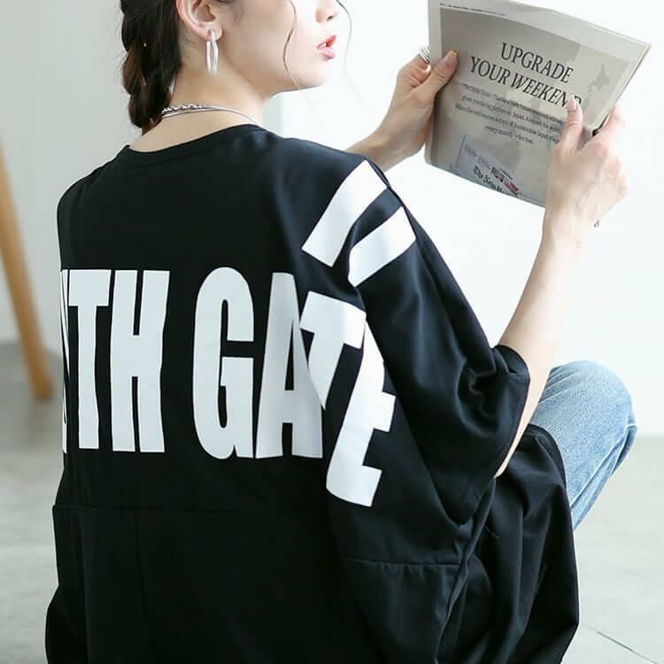 大きいサイズ レディース バックプリントドルマンチュニックTシャツ　maruka-7157【メール便可】 ブラック