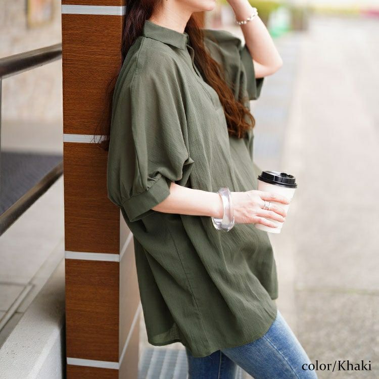 大きいサイズ レディース 楊柳スキッパーチュニック　nw-25022【メール便可】