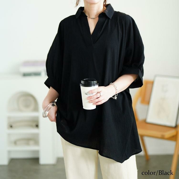 大きいサイズ レディース 楊柳スキッパーチュニック　nw-25022【メール便可】 ブラック