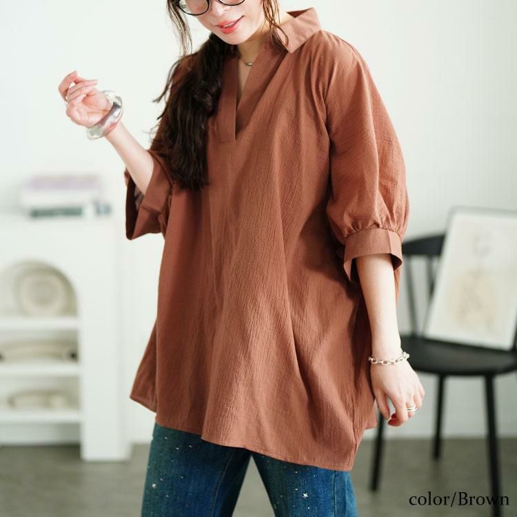 大きいサイズ レディース 楊柳スキッパーチュニック　nw-25022【メール便可】 ブラウン