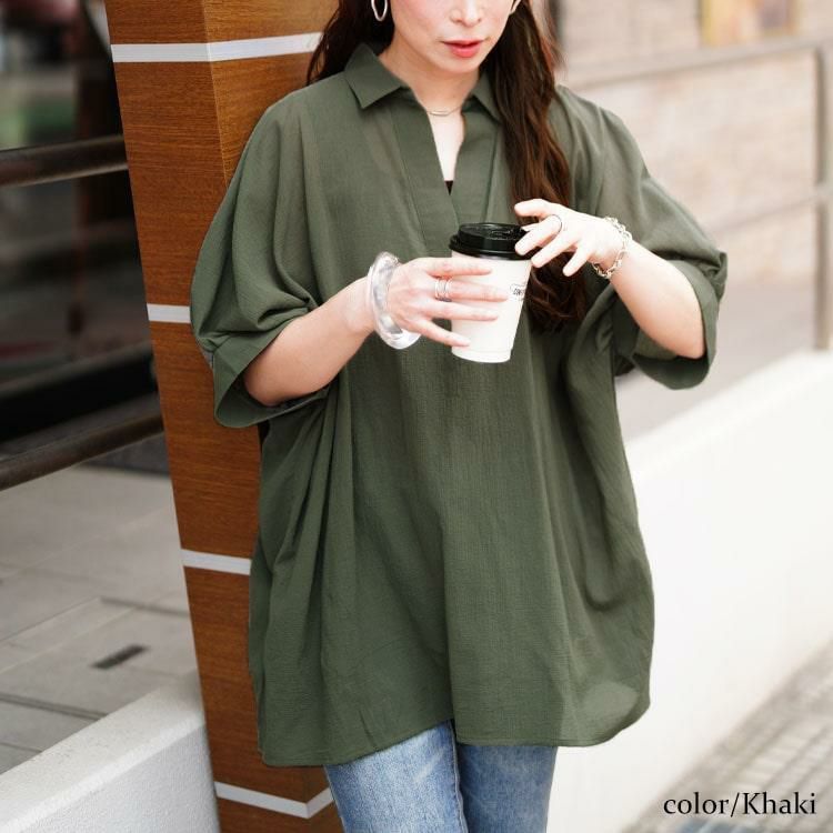 大きいサイズ レディース 楊柳スキッパーチュニック　nw-25022【メール便可】 カーキ